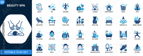 Beauty spa icon set, wellness, skincare, massage, aromatherapy, sauna, yoga, relaxation, therapy, cosmetic care. Solid icons collection. Vector.