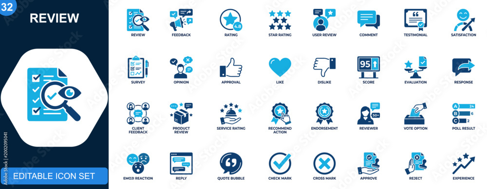 Fototapeta premium Review feedback icon set, ratings, comments, testimonials, satisfaction, survey, opinion, approval, like, evaluation, response. Outline icons collection. Vector.