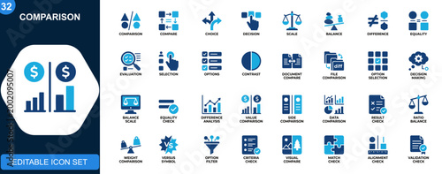 Comparison icon set, choice evaluation, balance scale, document comparison, decision making, equality check. Icons collection. Vector.