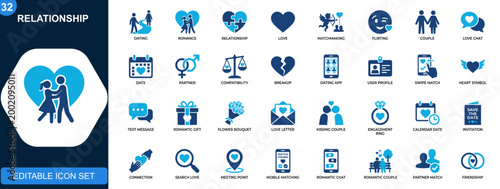 Foto Dating app and relationship icon set, romance, matchmaking, flirting, speed dating, love chat, breakup, gifts, compatibility