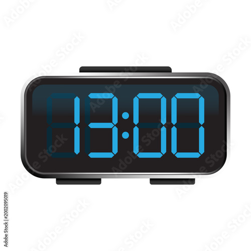 Digital clock with blue glowing numbers showing 13 00 vector. Perfect for time management applications UI and web design graphics.