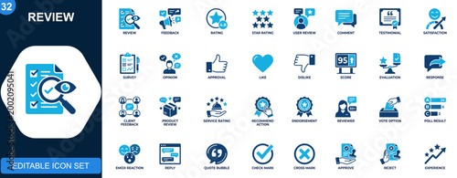 Review feedback icon set, ratings, comments, testimonials, satisfaction, survey, opinion, approval, like, evaluation, response. Outline icons collection. Vector.
