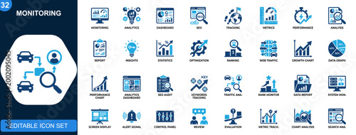 Fotografija Monitoring icon set, analytics, SEO tracking, data analysis, performance metrics, dashboard observation