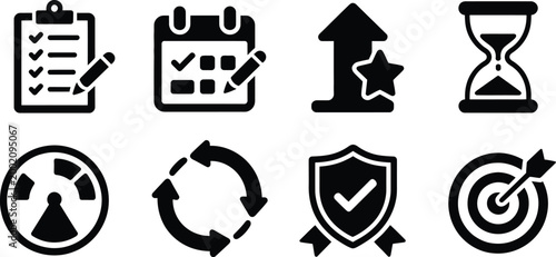 Project management and productivity black icons set vector illustration simple silhouette icons representing business workflow organization scheduling and efficiency concept