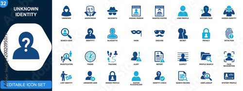 Unknown identity icon set, incognito, anonymous user, missing person, wanted poster, search profile, mystery face. Solid icons collection. Vector.