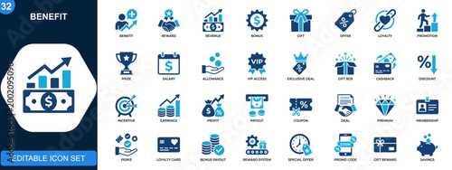 Benefit icon set, revenue, rewards, bonus, gift box, special offer, loyalty, VIP perks, promotion icons collection. Vector.