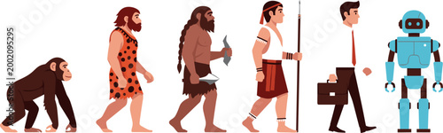 Evolution of Humankind with the Transition from Ape to Modern Humans, Ancient Man, and Futuristic Robot in a Detailed Illustration for Educational Purposes