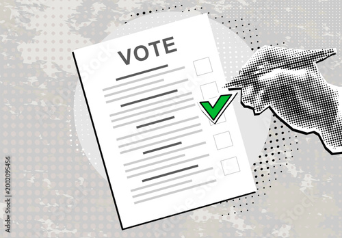 Retro Halftone Collage Ballot paper with candidates. Hand with pen and election bill. Vote document. Vector illustration. Vintage pop art