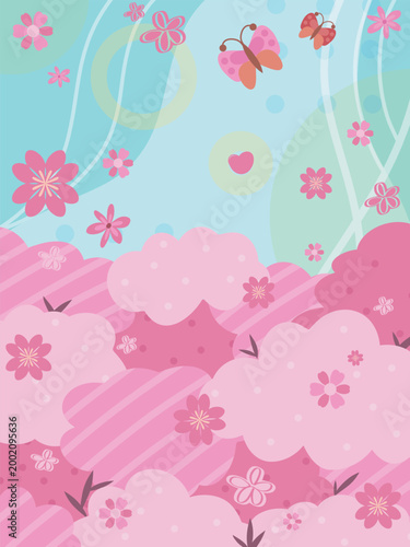 Spring Garden Illustration with Pink Flowers and Butterflies