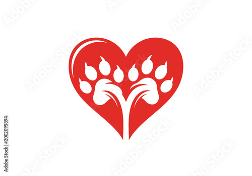 Red heart with white paw print logo on white background