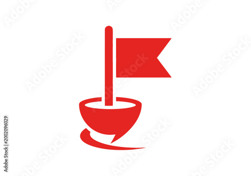 Red minimalist cup icon with flag on white background