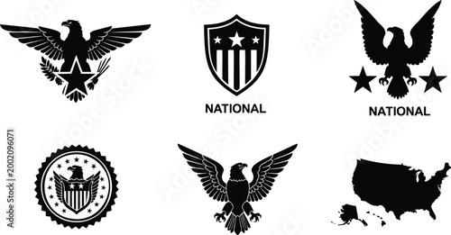 Patriotic national eagle and usa map vector illustration set for independence day designs.