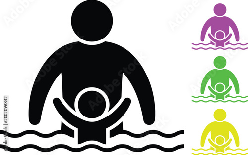 Tableau sur toile Illustrations of adults assisting children in swimming and water safety techniqu