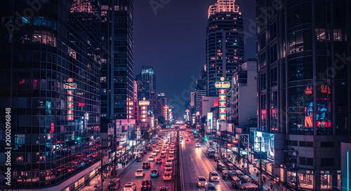 Nighttime cityscape with illuminated buildings and traffic on road