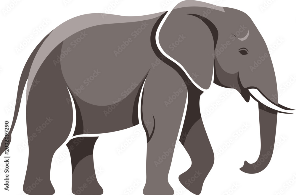 Fototapeta premium Gray Elephant Walking Side View Smooth Gradient Shaded Realistic Vector Illustration Isolated on White Background