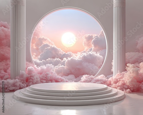 Surreal Dreamscape Podium with Pink Clouds and Sunset Sky.