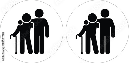 Supportive family members assisting an elderly person with a cane in two different ways