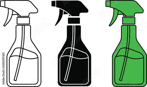 Three spray bottles in different colors outline vector illustration