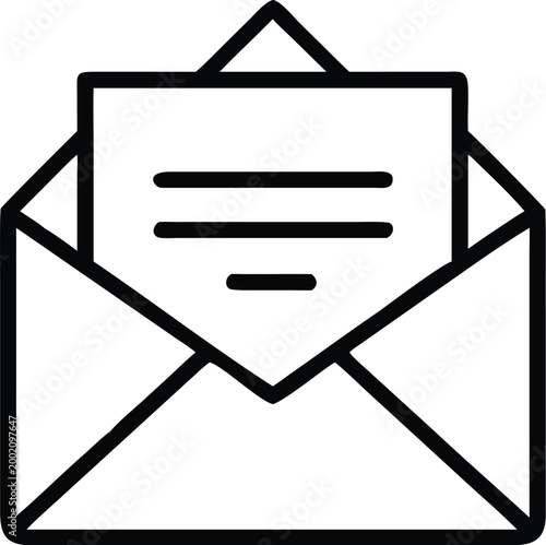 email icon black outline open envelope with lines communication symbol on white background high quality professional detailed modern elegant stylish clean