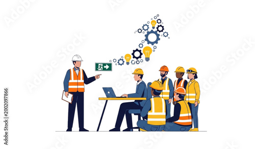 Safety officer briefing workers at assembly point vector illustration with PPE and helmets for emergency drill concept