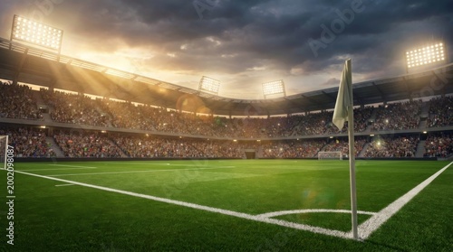 Sport Backgrounds. Soccer stadium. Cinematic Soccer Stadium at Sunset with Epic Sun Rays, Bright Floodlights and Pitch Copy Space