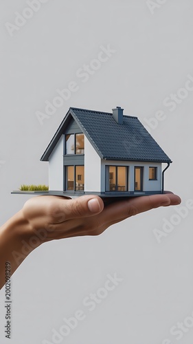 Human hand gently presenting a miniature contemporary house model for home ownership concept