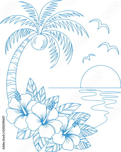  Palm Tree Beach Silhouette with Birds Tropical Line Art
