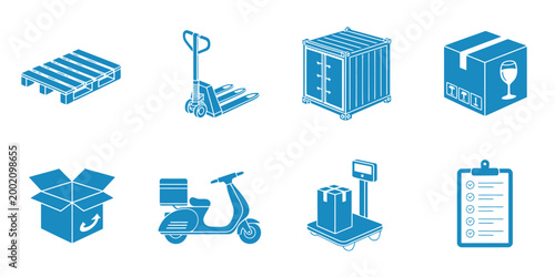 Shipping and logistics blue icons set vector illustration modern flat design icons representing transport delivery warehouse and global supply chain concept