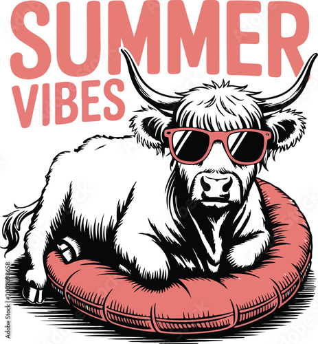 Summer Vibes Highland Cow with Sunglasses and Pool Float