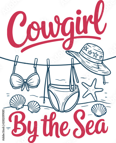 Western Coastal Vacation Illustration with Beachwear Line Art
