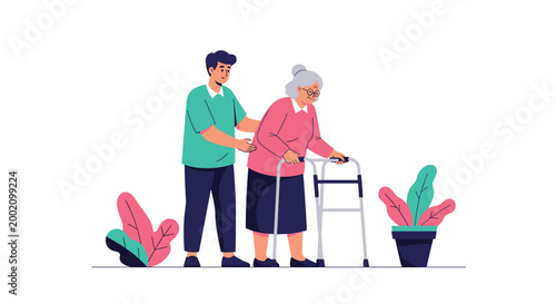 Professional male caregiver assisting an elderly woman walking with a medical walker in a supportive environment.