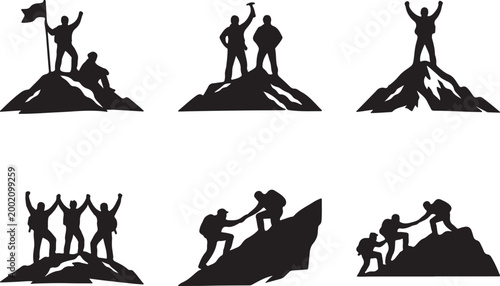 Mountain hikers silhouette on peak summit, climbing teamwork and success achievement concept vector illustration