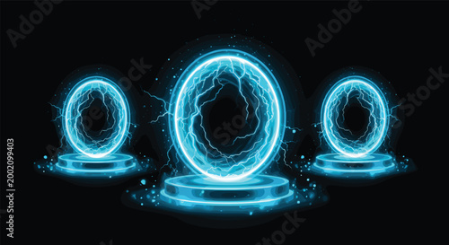 Futuristic Neon Portal Rings with Electric Energy Glow, Sci Fi Teleport Gate Illustration for Technology, Gaming and Fantasy Design