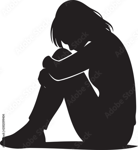 Sad woman silhouette sitting alone vector