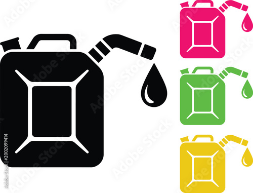 Three colored fuel containers with spouts leaking different liquids