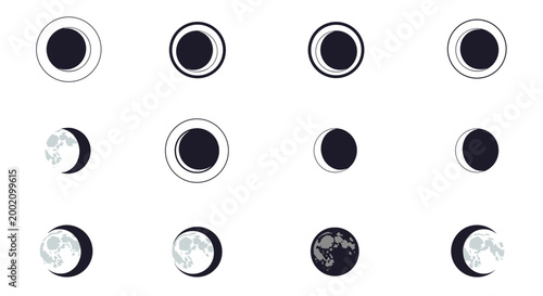 Minimalist diagram showing the various phases of the moon from new moon to full moon in a clean black and white style for astronomy education.