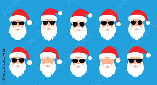 Row of festive Santa Claus heads wearing cool sunglasses on a bright blue background for a fun and modern christmas celebration theme.