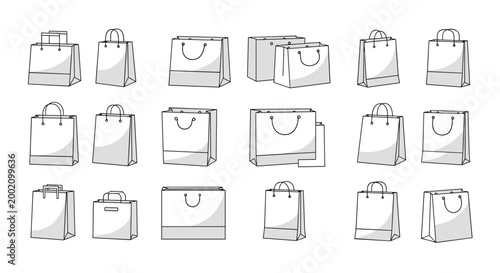 Simple hand-drawn line art illustrations of various paper and fabric shopping bags in different shapes and sizes for retail and gift packaging.