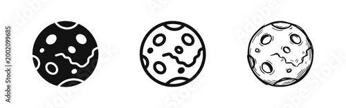 Cracked Moon and Planet Crater Icons Set in Various Graphic Styles