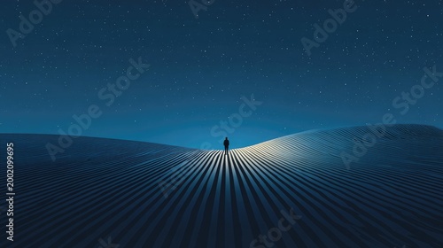 Lone Figure Standing in Vast Geometric Landscape Under Dark Blue Sky.