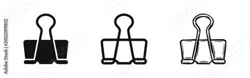 Black Binder Clip Icons for Office Supplies and Document Organization