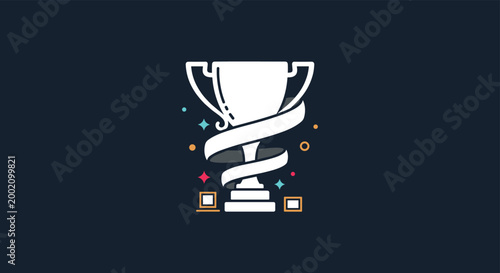 White trophy cup icon wrapped in a flowing banner ribbon on a dark navy blue background with colorful sparkle accents.