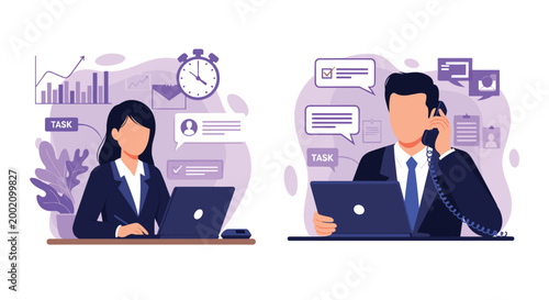 Corporate multitasking concept with a man on the phone and a woman working on a laptop surrounded by task and time icons.