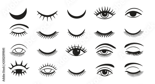 Diverse collection of black eyelash and eye shape icons in various styles from closed winking to wide open with long lashes.