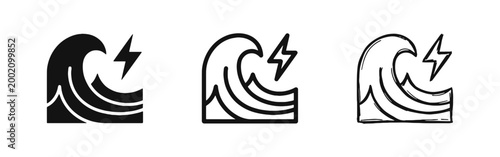 Stormy Sea Wave with Lightning Bolt Icons Symbolizing Power and Energy