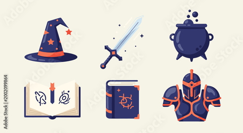 Set of fantasy and magic adventure items including a wizard hat, glowing sword, cauldron, magic book, and knight armor.