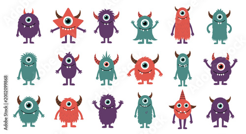 Large set of colorful and cute little monsters or aliens with one eye, horns, and funny shapes for kids design.