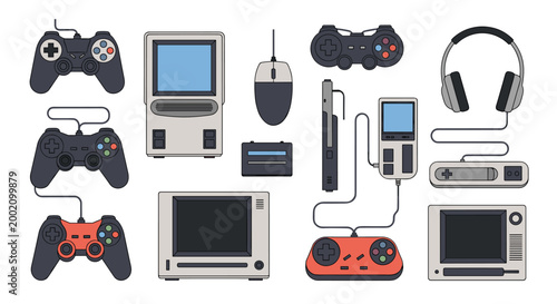 Collection of retro gaming gear including classic gamepads, controllers, old monitors, headphones, and handheld consoles.