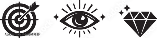  Target Symbol, Eye Symbol, and Diamond Icon Set for Design Projects silhouette vector