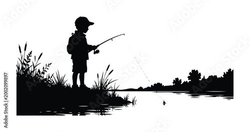 Child fishing silhouette, young boy with fishing rod on riverbank, serene outdoor activity vector illustration, tranquil nature scene for hobby and recreation designs isolated PNG with